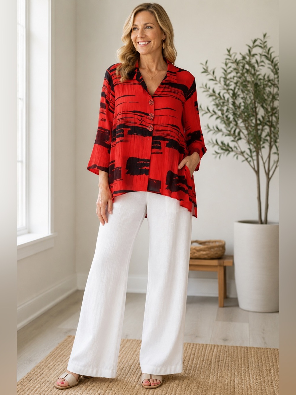 Ali Miles Red and Black Abstract Print Button-Front Top